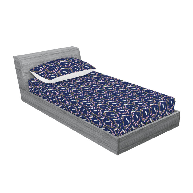Ambesonne Fitted Sheet & Shams, Night Blue/Pale Pink Floral, Twin Sheet Set with 1 Pillowcase
