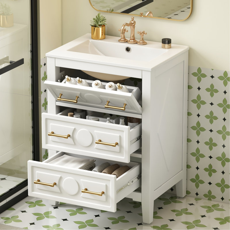Meuble-lavabo de salle de bain rétro blanc 24 po avec lavabo en céramique et 3 tiroirs, bois de pin massif, lavabo à tiroirs longue durée, structure en bois, conception de déversement