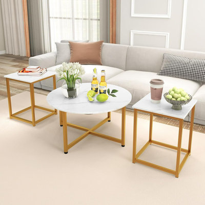 Ensemble de tables basses 3 pièces, table basse ronde en faux marbre avec 2 tables de bout carrées