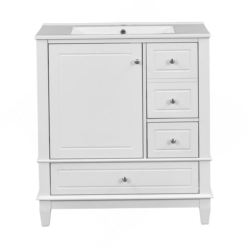 Meuble-lavabo 30 po avec lavabo, une porte avec tablette et trois tiroirs, porte à fermeture douce, blanc, Argent argent