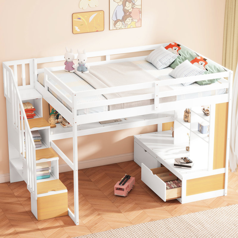 Lit mezzanine double avec bureau, tablettes, rangement - tiroirs blancs de style naturel