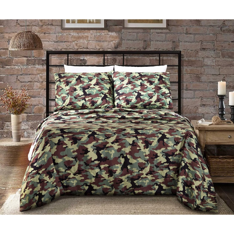 Microfiber Camouflage Sheet Set, Green/Brown/Black, Full XL Sheet Set with 3 Additional Pieces