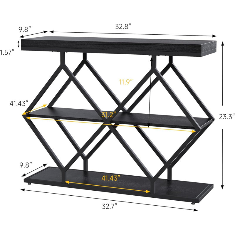 Console moderne à structure métallique en losange - Table d'appoint industrielle à 3 niveaux pour entrée ou salon - Étagères de rangement ouvertes - Bois d'ingénierie durable - Montage facile - Finition bois noir veiné