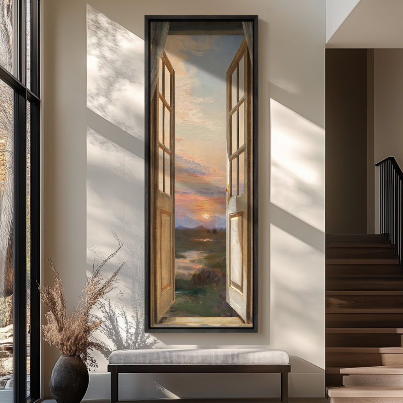«Open Window to Sunset Scenic View», reproduction d'art sur toile encadrée, Noir, 60" H x 20" W x 1.5" D