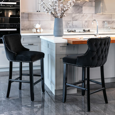 Velours contemporain rembourré avec capitonnage à boutons, pieds en bois, garniture - noir de 2 pieds de style loisir et siège attrayant noir 2 pièces Sw1824bk