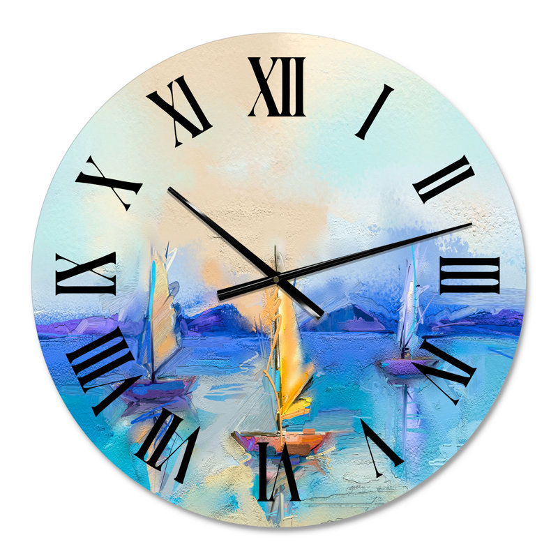 Petits bateaux arrivant au rivage au coucher du soleil III - horloge murale moderne, Petit