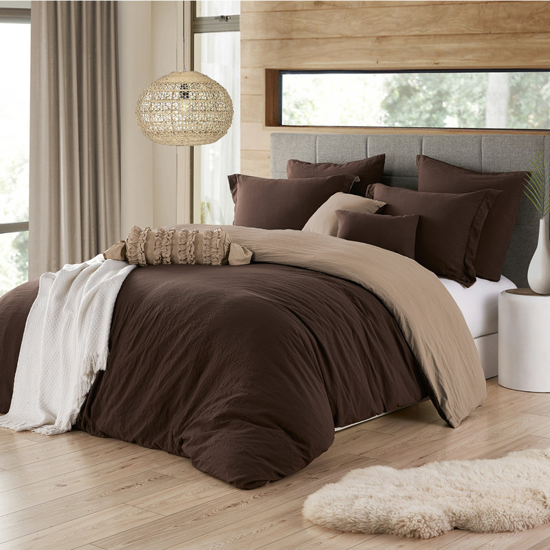 Swift Home Ultra-Soft Reversible Crinkle Washed Microfiber Duvet Cover Set , Chocolate/Tan