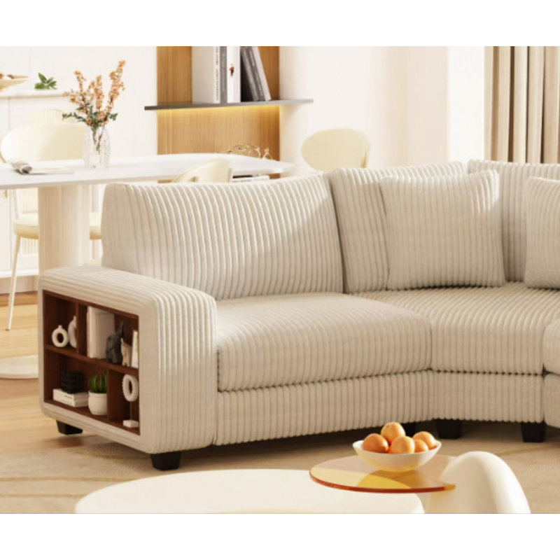 Canapé modulaire d'angle, casier avec cadre en bois avec accoudoirs, élégant et confortable, style, beige