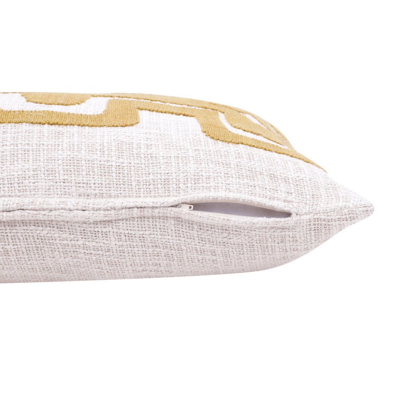 Ochre and Ivory Geometric Embroidered Rectangular Cotton Blend Pillow
