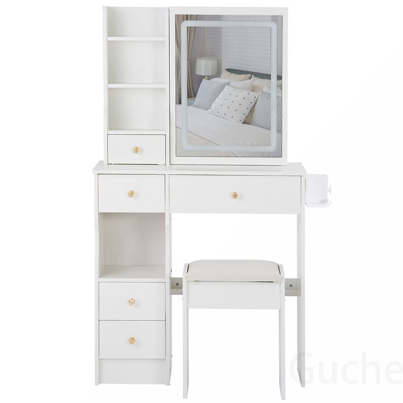 Compact and Functional Vanity Table Set with Advanced Features for Makeup and Dressing, White