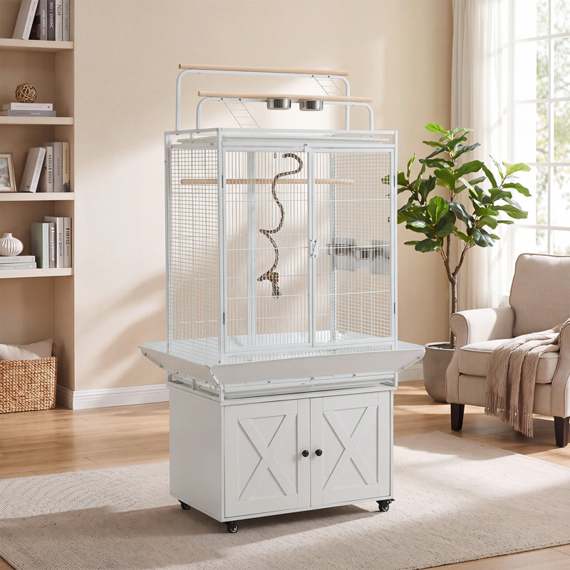 70 in. Particle Board / Chipboard Flat Top Floor Bird Cage with Wheels with Stand with Perch with Tray, Blanc