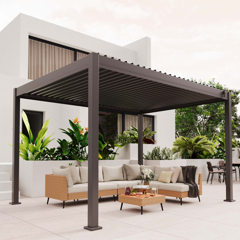 Pergola à persiennes 10 ‘X 12 'avec persiennes réglables, système de gouttière intégré, Noir