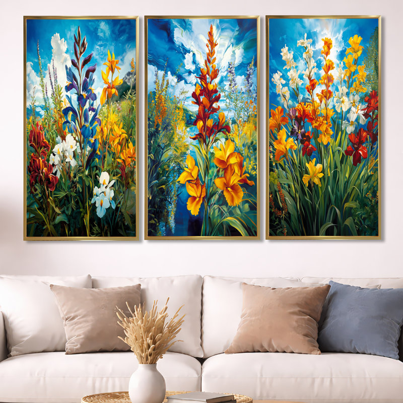 «Blue Sky Wildflowers in Meadow - Abstract Botanical», reproduction de toile encadrée 3 pièces, Gold Floater Framed
