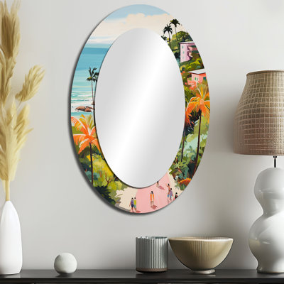 Scène de plage côtière paradis en couleur pastel II - Miroir décoratif ovale côtier sur métal