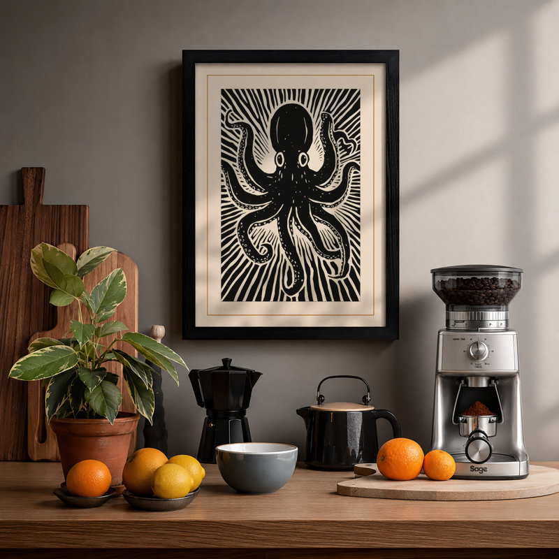Octopus Starburst Graphic Art - Framed Print, A3 - 42.0 x 29.7 cm, Black
