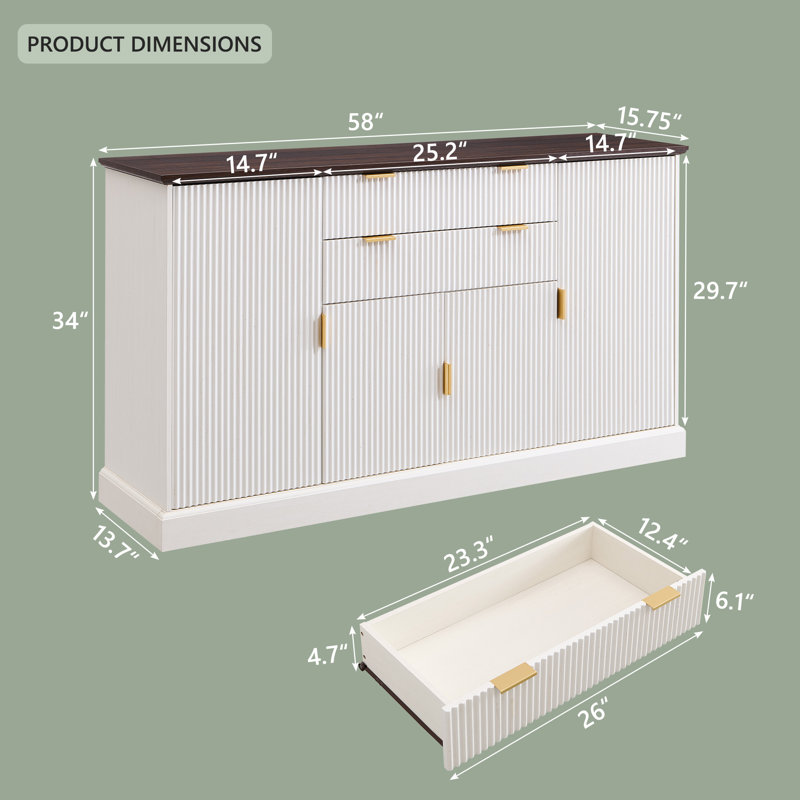 Commode de style moderne cannelée de 58 po pour chambre à coucher, commodes et commode à 2 tiroirs et 4 portes, Blanc