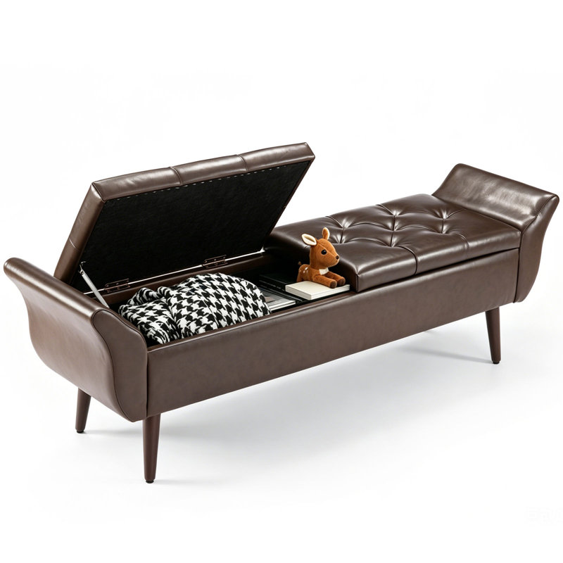 Banc de rangement avec repose-pieds et banquette de rangement en similicuir de 64 po, Marron foncé