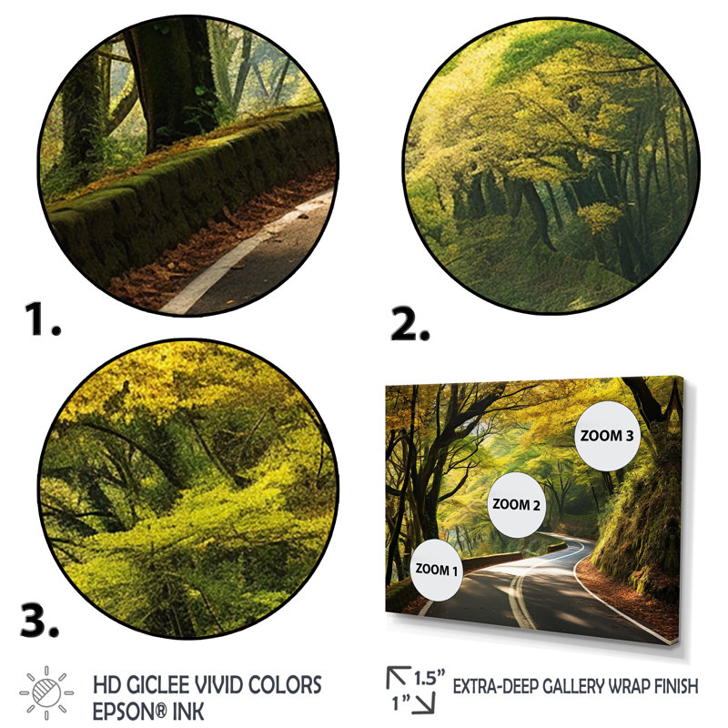 Route verte dans la forêt II - art mural route, Cadre de coin argenté fermé, H 34 po x l 44 po x P 1,5 po