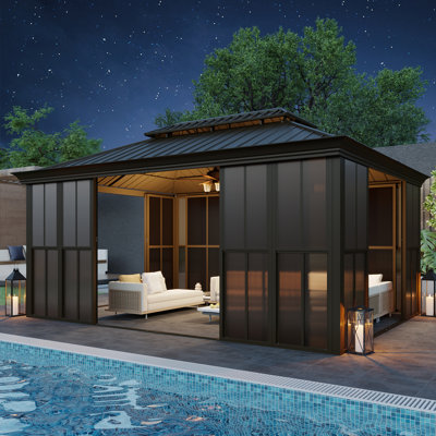 Pavillon de jardin extérieur à toit rigide de l 16 pi x P 12 pi - solarium en aluminium entièrement fermé avec portes coulissantes, fenêtres coulissantes en PE, pergola toutes saisons avec double toit en acier galvanisé pour patio, terrasse et spa
