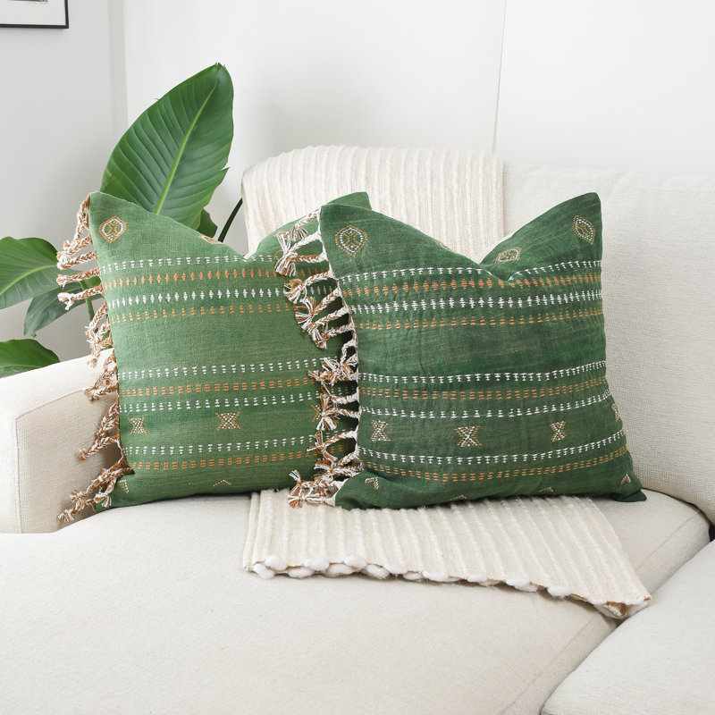 Housse de coussin bohème en coton vert tissé à la main brodée à la main, Vert