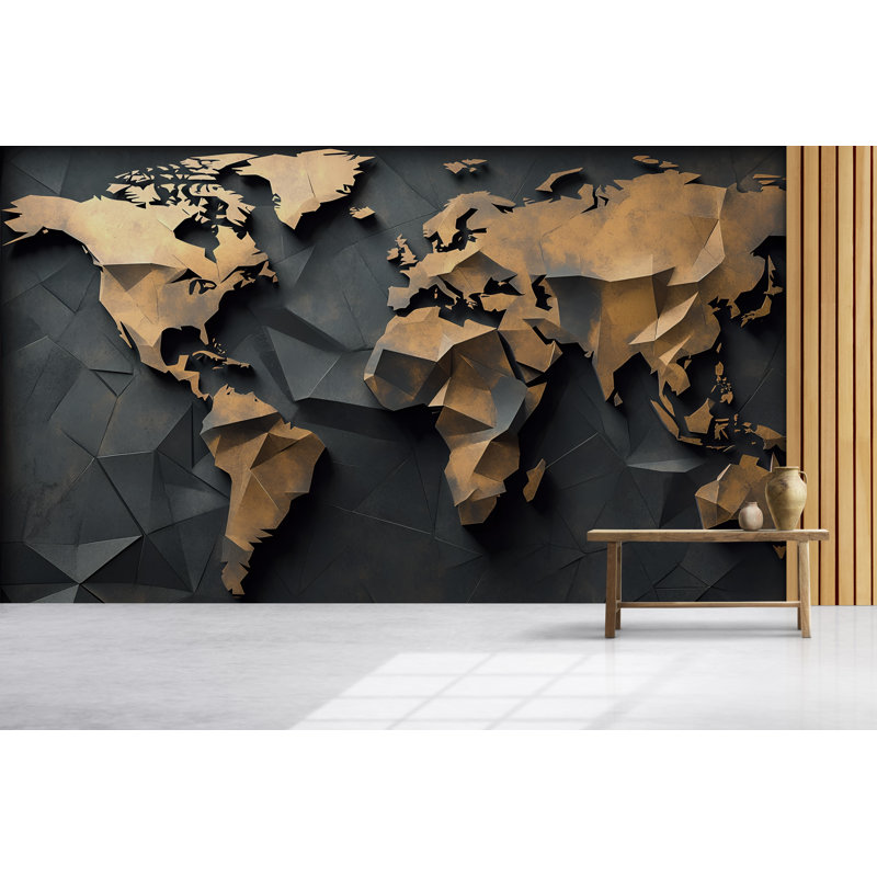 Papier peint carte du monde moderne géométrique 3D - style métallique texturé abstrait, salon luxueux et décoration murale de bureau, décor intérieur contemporain