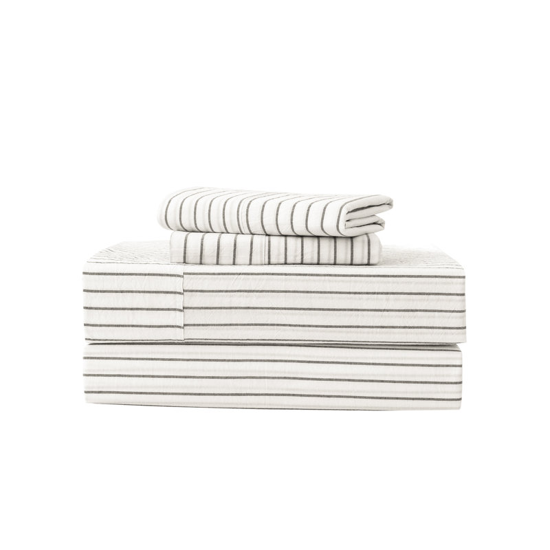 MooMee Striped Sheet Set 100% Washed Cotton Linen Like Textured Breathable Lightweight, Wide Stripes: White & Dark Gray