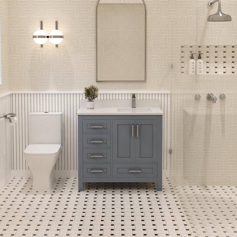 Rooh 36 Bathroom Vanity Set with White Quartz Countertop and Brass Faucet, Gray