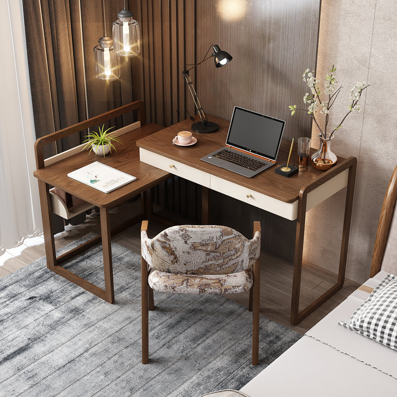 High-quality home office desk, extendable to 70'', retractable L-shaped desk, white waxed wood base