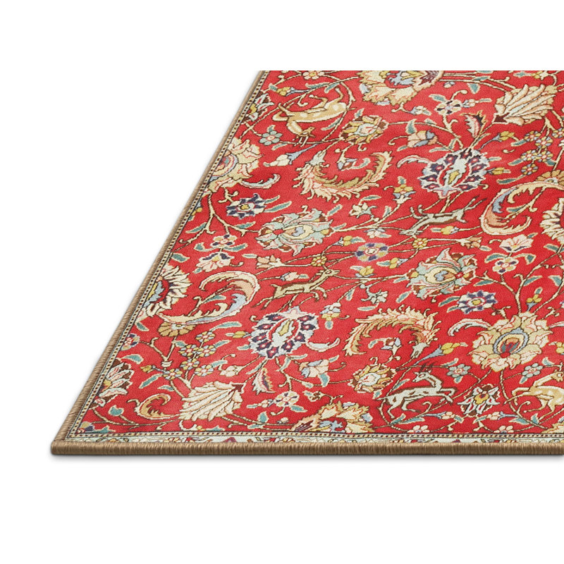 Tapis décoratif floral rouge/beige/bleu Abate, Rectangle 2 pi x 3 pi
