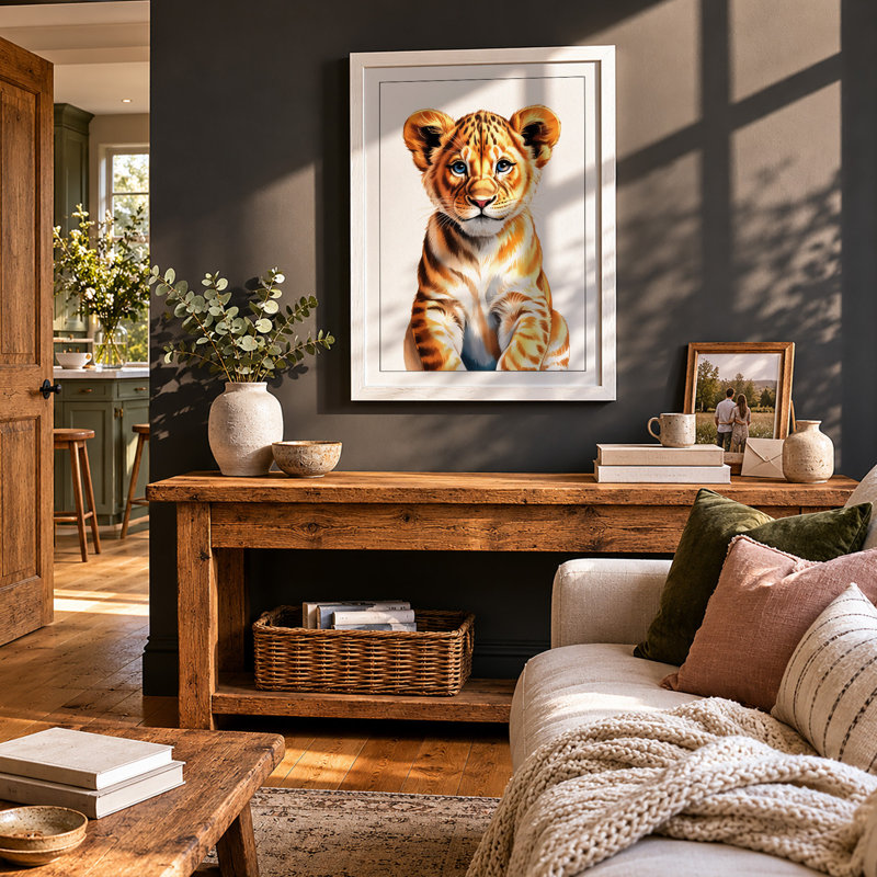 Young Lion Cub Modern - Framed Print, A2 - 59.4 x 42.0 cm, White