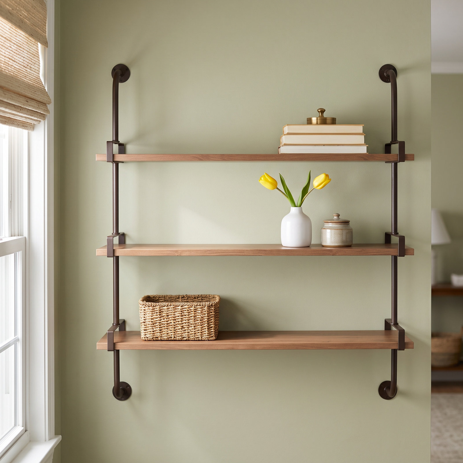 Amie 38" Industrial Pipe Shelves, Brown/Black