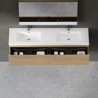 Ensemble de meuble-lavabo flottant avec lavabo, armoire murale rayée avec tiroir à fermeture en douceur et cuves à double surface blanche brillante