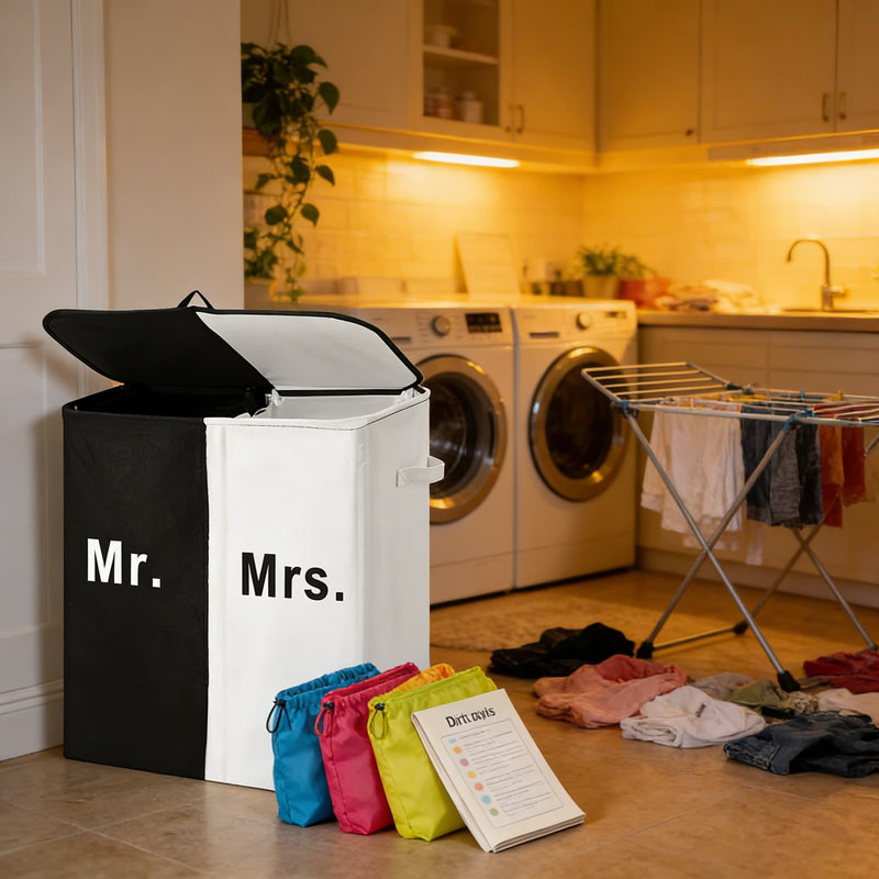 Grand panier à linge double avec sacs et couvercle amovibles, panier à linge pliable à 2 sections pour trier les vêtements foncés et légers, capacité de 154 litres pour la chambre ou la salle de bain