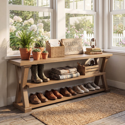 Banc de rangement pour hall d'entrée de 63 pouces avec tablettes de rangement, banc à chaussures en bois de style campagnard avec côtés en forme de X pour le couloir, range-chaussures rustique pour le salon, la chambre à coucher