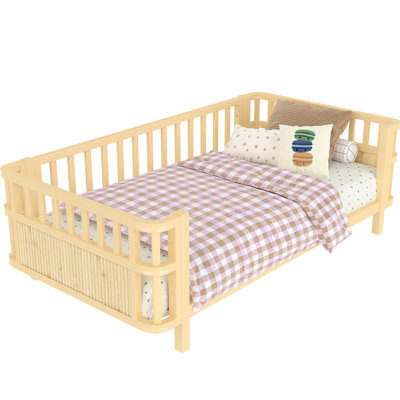 Twin French Bed Frame In Natural Color With Iron For And , Low - Profile Design Easy Accessment, Engineered Wood, Three Sided Fence, Removable Bedside , Exit,