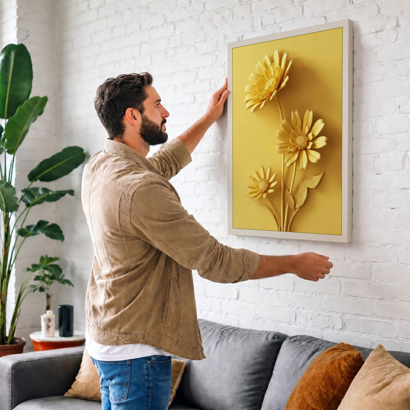 Golden Gerbera Blooms Botanical - Wrapped Canvas, 18x12 - 45.7 x 30.5 cm, Cream Border