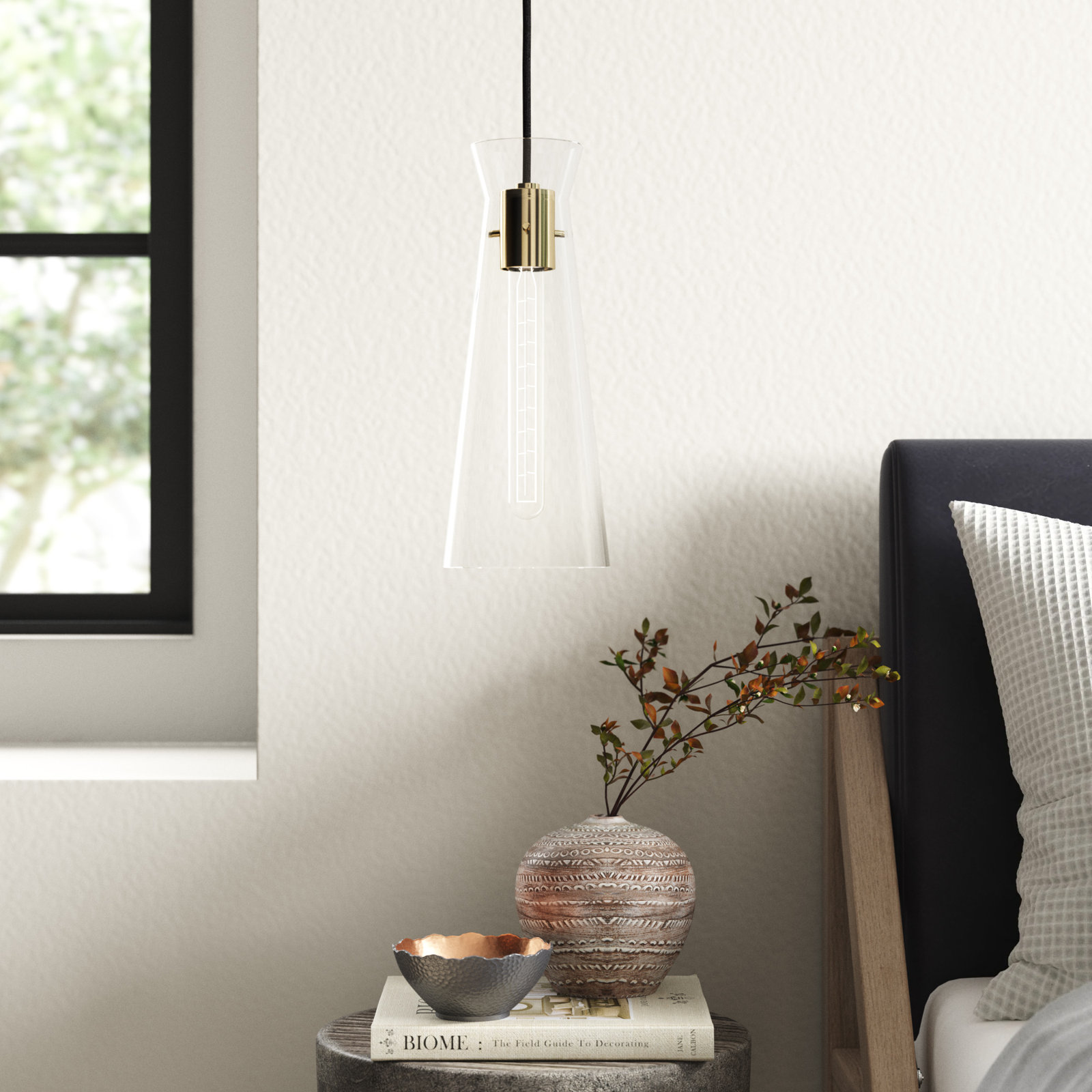 Gena Single Light Glass Pendant, Aged Brass