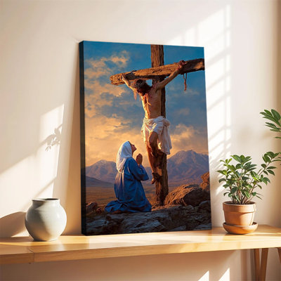 Tableau grand format sur toile tendue, représentant Jésus en croix et la Vierge Marie en prière au coucher du soleil, idéal pour le salon ou la chambre.