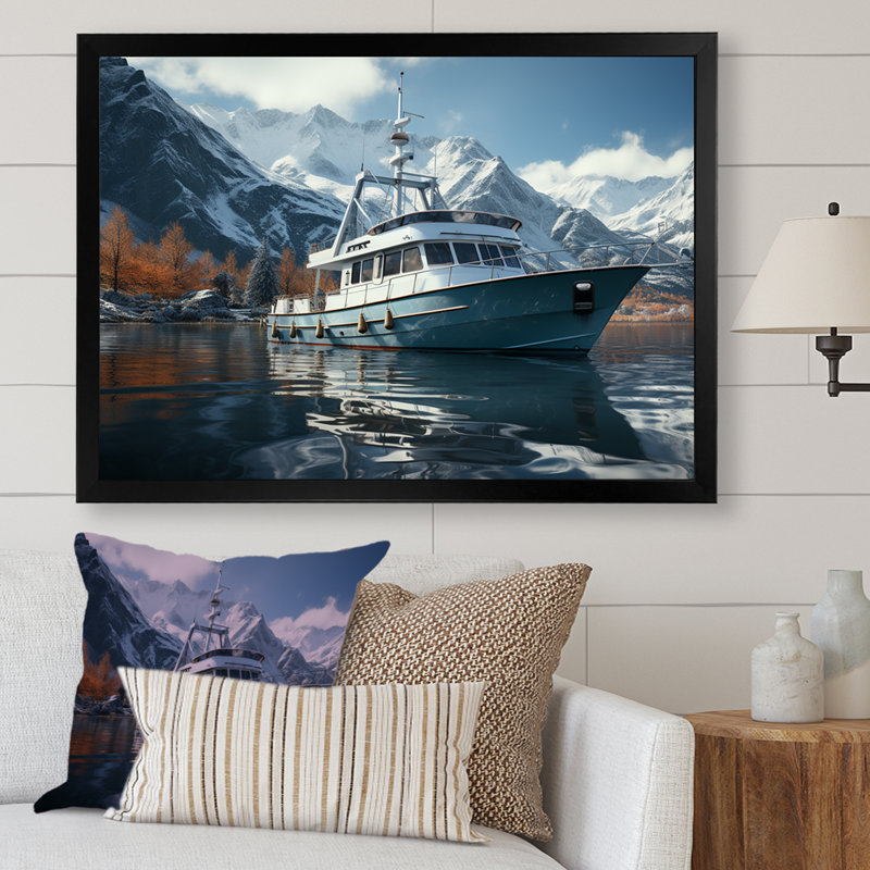 Bateau de pêche rouge et blanc dans la rivière I - bateau de pêche, art mural, Cadre d'angle fermé noir