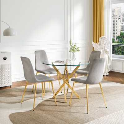 36" Round Glass Dining Set, Modern Cross Stainless Steel Base and 4 Velvet Upholstered Dining Chairs