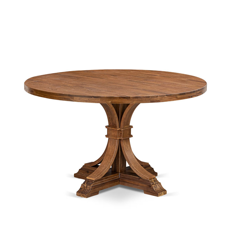 Table de petit déjeuner avec plateau rond en acacia et base piédestal élégante - Finition noyer antique, Noyer antique