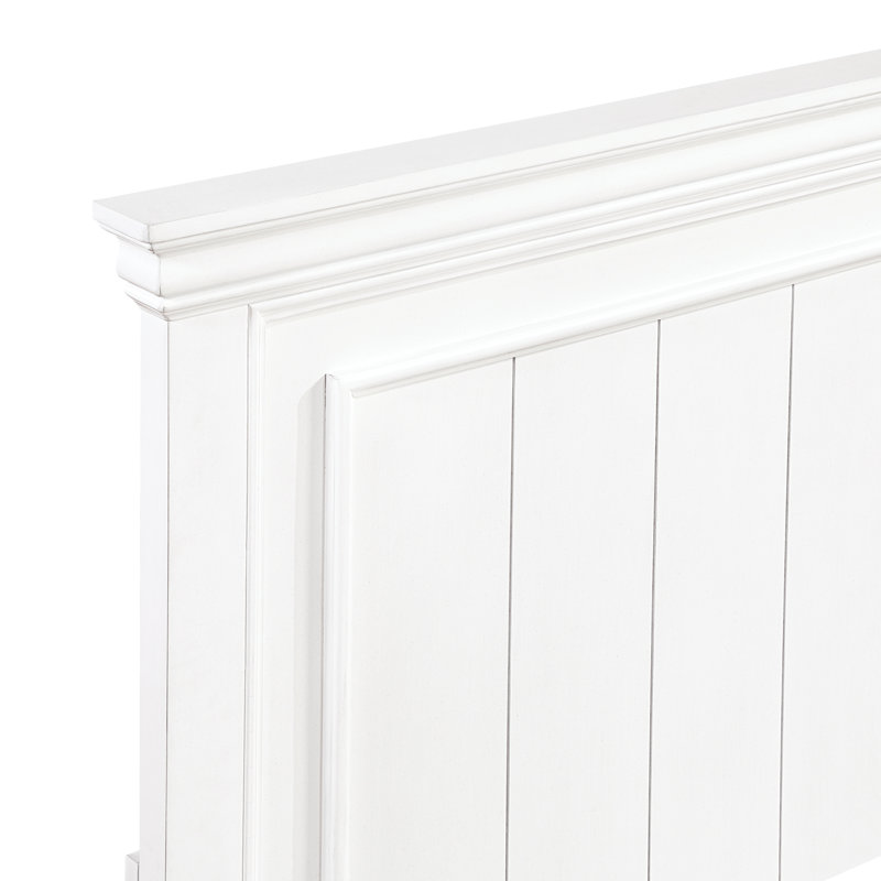 Structure de lit simple blanc avec détails de panneau, rails inclus, convient à la chambre à coucher, sommier à ressorts requis, tête de lit à rails esthétiques traditionnels, fabrication en bois massif, design classique idéal