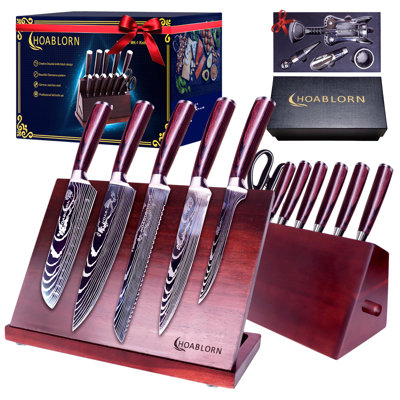 Luxury Damascus Knife Block Set, 15‑Piece, Magnetic Knife Holder with Dedicated Slots for 5 Steak Knives, German Steel, Sharp, Great Looks and Design, Gift for Home Chefs