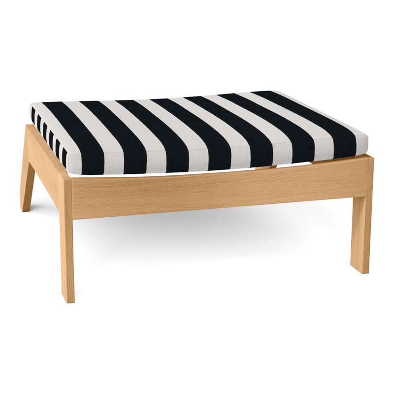 Ashland Outdoor Teak Ottoman with Cushion, No Welt, Cabana Midnight Stripe Sunbrella®, Natural Teak