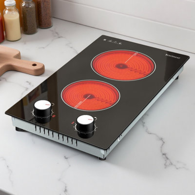 Plaque de cuisson électrique Karinear à 2 brûleurs, cuisinière électrique de 12 pouces avec prise de courant de 110 V, comptoir et surface de cuisson en céramique intégrée, poignée blanche, 2 000 W