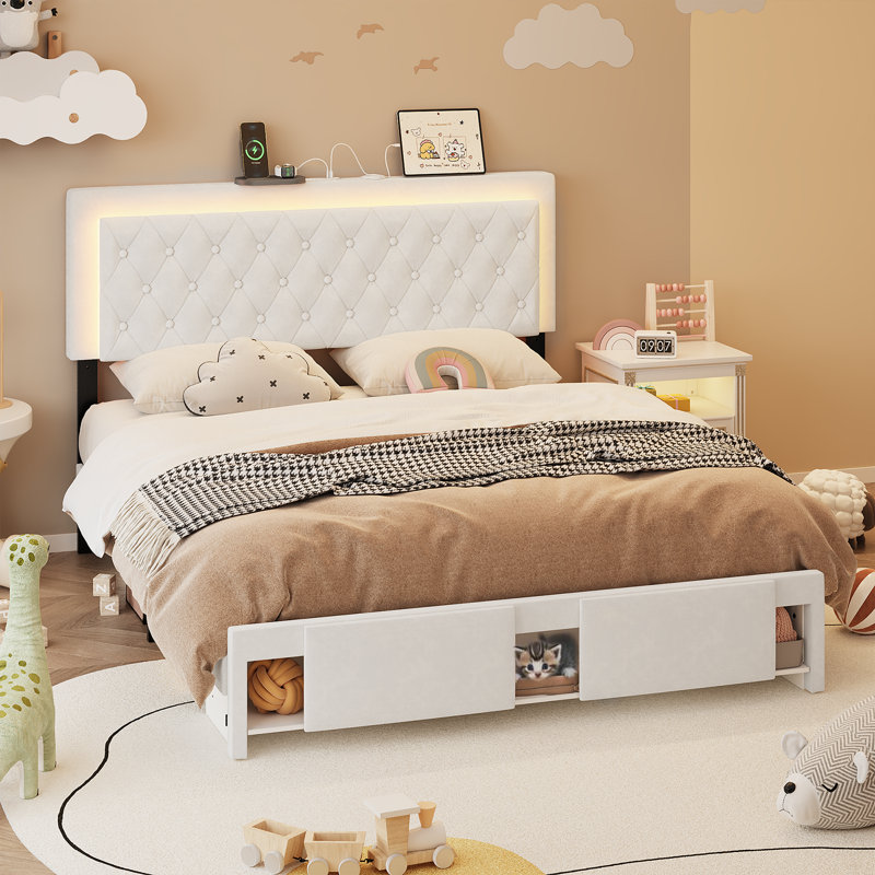 Tête de lit tapissier réglable, lit de rangement avec DEL et station de charge, Grand lit
