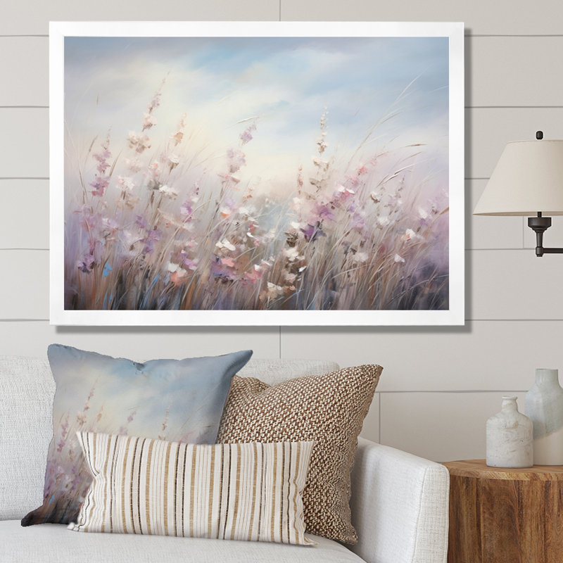 Fleurs murales mauves Whispering Breeze II - art mural fleurs sauvages pour le salon, Cadre blanc