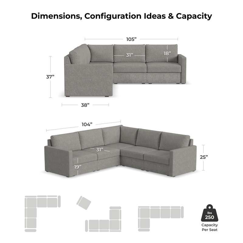 Canapé modulaire rembourré 5 pièces Flex, Mélange de polyester gris caillou foncé, H 37 po x l 102 po x P 38 po