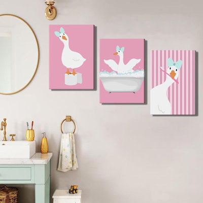 3 Pcs Silly Goose Pink Bathroom Canvas Wall Art Cute Animal Wall Decor Pictures Funny Kids Washroom Poster Prints For Family Bathroom Children Restroom Decorations Ready To Hang
