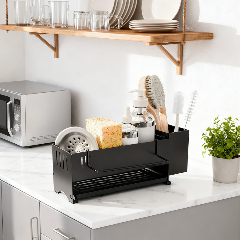 Organisateur d'évier de cuisine avec système de vidange automatique, éponge antirouille et porte-brosse pour économiser de l'espace sur le comptoir et le rangement